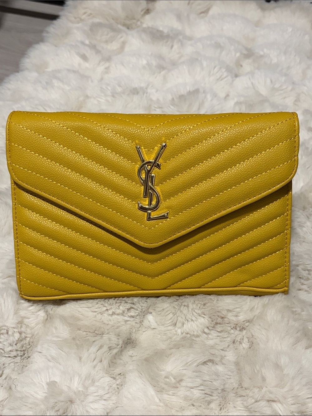 Chevron Quilted Leather Envelope Crossbody Clutch in Mustard Yellow